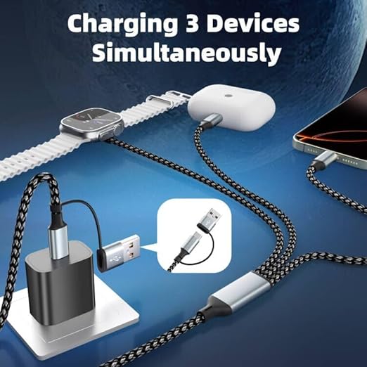 Travel Essentials, 3 in 2 UB A/USB C Cable for Watch Charger, Multi Phone Charging Cable/Cord for All Devices for iWatch Ultra/SE/10-1, Phone16 15 14, Android, iPads, More (2Packs 5FT)