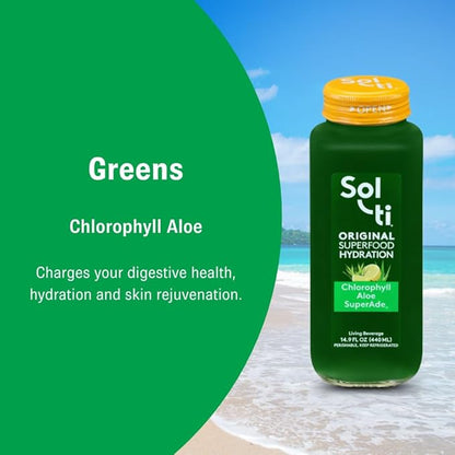 Organic SuperAde Hydration Drink, Digestive and Skin Health, SuperFood Lemonade by Sol-ti, Cold-Pressed Chlorophyll, Aloe and Lemon Juice Blend, 16 Pack (14.9 Fl oz)