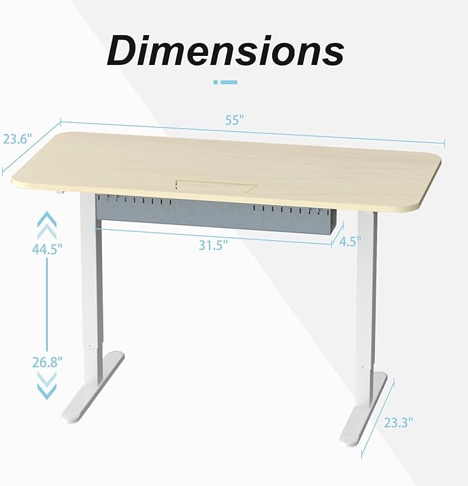 Standing Desk with Cable Management Tray, 55"x24" Electric Height Adjustable Sit Stand Desk, Memory Presets, Anti-Collision, Workstation for Home Office, Light Wood Top White Frame