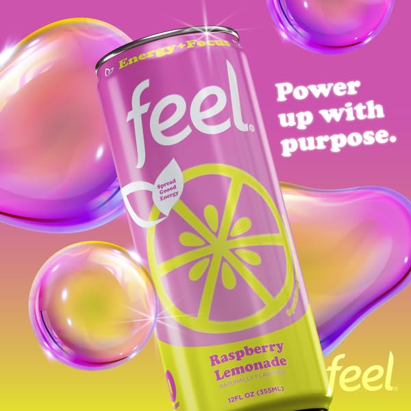 FEEL Zero Sugar Natural Energy Drink – Raspberry Lemonade, 140mg Plant-Based Caffeine with L-Theanine for Focus, Vitamin C for Immunity, Vegan, Non-GMO, No Artificial Sweeteners, 12 Fl Oz Cans (12-Pack)