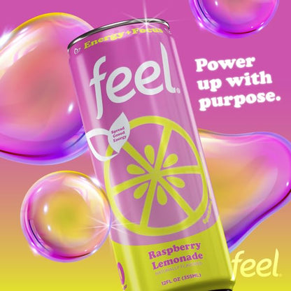 FEEL Zero Sugar Natural Energy Drink – Raspberry Lemonade, 140mg Plant-Based Caffeine with L-Theanine for Focus, Vitamin C for Immunity, Vegan, Non-GMO, No Artificial Sweeteners, 12 Fl Oz Cans (12-Pack)