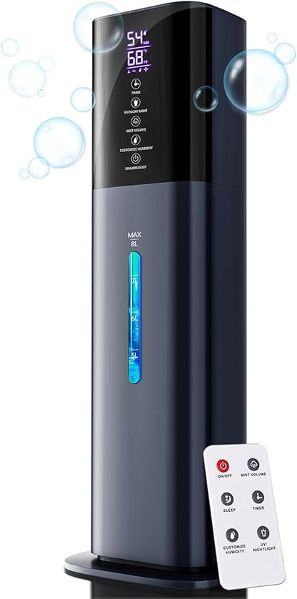 Humidifiers for Bedroom, 2.11Gal 8L Quiet Humidifiers for Large Room with Timer, 360°Nozzle, 3 Speed Ultrasonic Cool Mist Humidifier with Humidistat for Baby, Customize humidity for Home Adults Plants