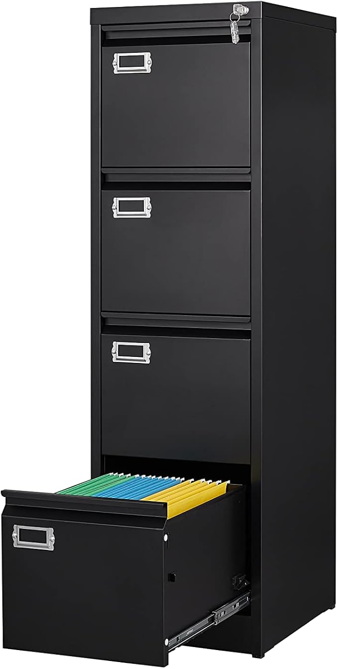 4 Drawer File Cabinet with Lock Metal Filling Cabinet Vertical Locking File Cabinets for Home Office to Hanging F4/A4 SizeA4 Legal/Letter Size, Assembly Required,Black