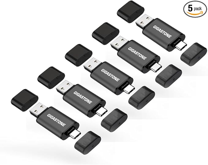 GIGASTONE 64GB Dual Flash Drive (5 Pack) Z40 USB 3.2 Gen 1, 2-in-1 Type-A & Type-C, 100MB/s Ultra Fast, Head Cap Design, Plug & Play for Smartphone/PC/Mac/TV/Car Audio, USB 2.0/3.0/3.1 Compatible