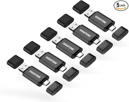 GIGASTONE 64GB Dual Flash Drive (5 Pack) Z40 USB 3.2 Gen 1, 2-in-1 Type-A & Type-C, 100MB/s Ultra Fast, Head Cap Design, Plug & Play for Smartphone/PC/Mac/TV/Car Audio, USB 2.0/3.0/3.1 Compatible