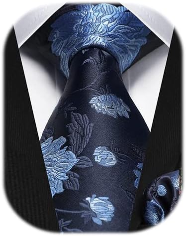 HISDERN Men Floral Ties Woven Classic 3.4" Necktie Set Formal Tie Pocket Square for Wedding with Handkerchief Gift Box