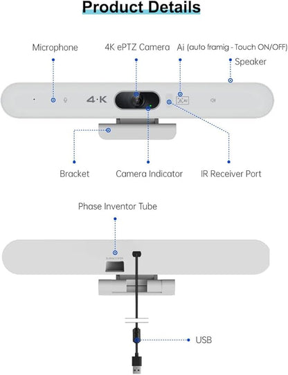 Conference Room Camera, All-in-One 4K Webcam with Microphone and Speaker, AI Tracking and Auto Framing, Wide Angle of View, Plug and Play USB Webcam for PC, Mac, Meetings, Teams, Zoom & Webex (White)