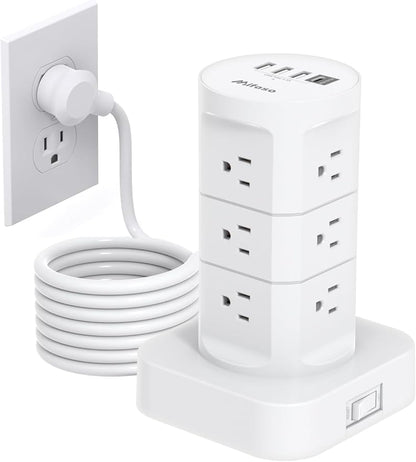 Tower Surge Protector Power Strip with 12 Outlets 4 USB (1 USB C), Mifaso Extension Cord with Multiple Outlets, 1800J Protection, Office Desk Supplies, Dorm Essentials