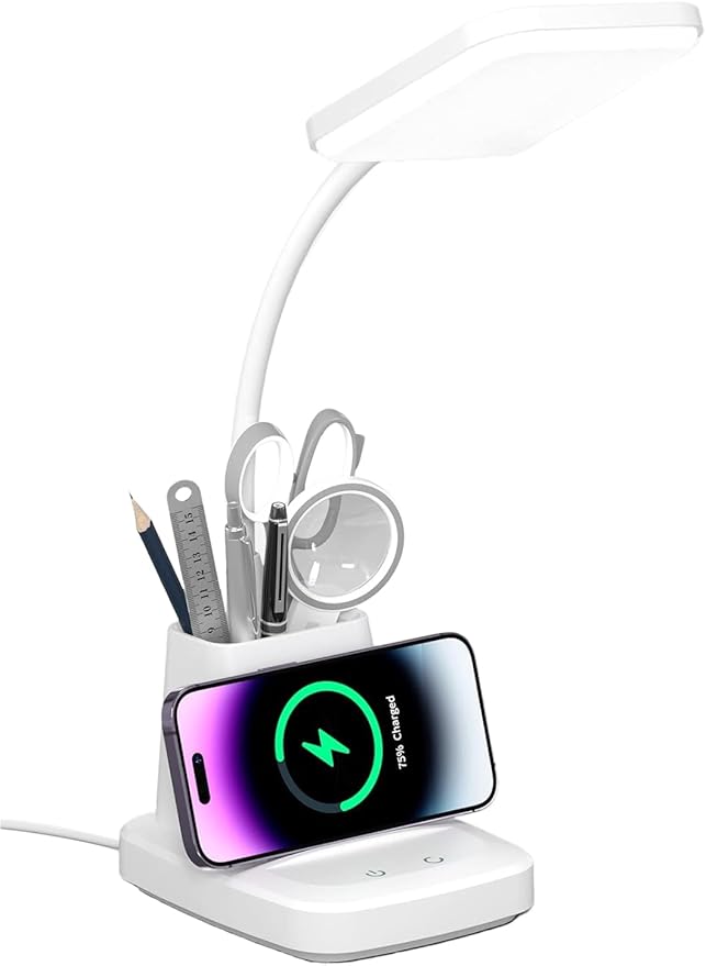 Desk Lamp with Wireless Charger - LED Desk Lamps for Home Office with Pen Holder, 800LM, 3 Color Modes, Flexible Arm, Eye-Caring White Table Lamps for Home College Dorm Room Christmas Gifts