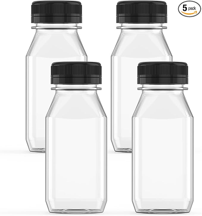 6 Ounce Plastic Juice Bottle Drink Containers 5 Pcs Juicing Bottles with Black Lids, Suitable for Juice, Smoothies, Milk and Homemade Beverages