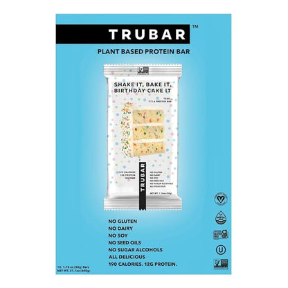 TRUBAR Vegan Protein Bar, Shake it Bake it Birthday Cake it, Gluten Free, Plant Based Protein, Dairy Free, Non GMO, Soy Free, No Sugar Alcohols, 12G Protein, 12G Fiber, 23G Carb, On the Go Snack Bars, 12 ct