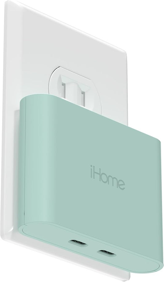 iHome Multiport 40W USB-C Charger, AC Pro 2-Port Flat Block, Dual Fast Charging Wall Adapter