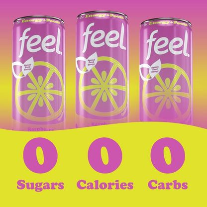 FEEL Zero Sugar Natural Energy Drink – Raspberry Lemonade, 140mg Plant-Based Caffeine with L-Theanine for Focus, Vitamin C for Immunity, Vegan, Non-GMO, No Artificial Sweeteners, 12 Fl Oz Cans (12-Pack)