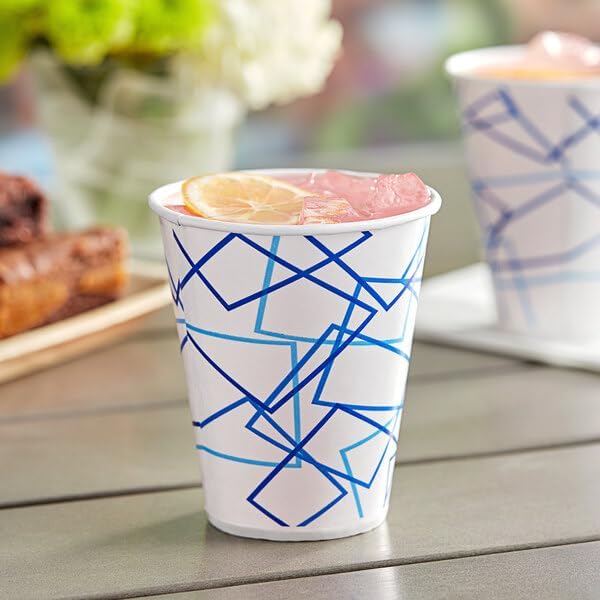 White Paper Cold Cups, 12 oz Double Poly Coated, Blue Cubed Design, Round Shape, 2000 Count Case, No PFAS Added, 4 3/8 Inch Height