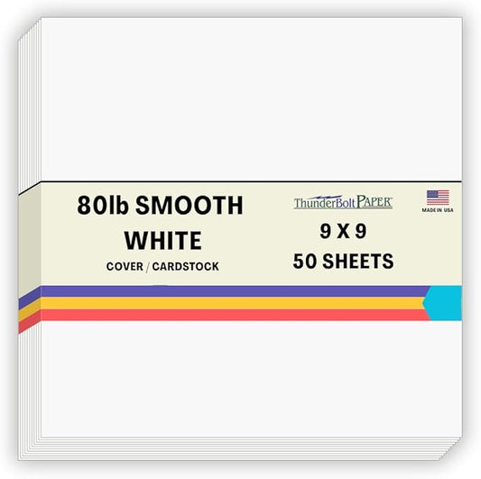 50 Bright White Smooth 80# Card Paper Sheets - 9" X 9" (9X9 Inches) Scrapbook Album Cover Square Size - 80 lb/Pound Cover Weight - Quality Paper - Consistency in Print - Smooth Finish