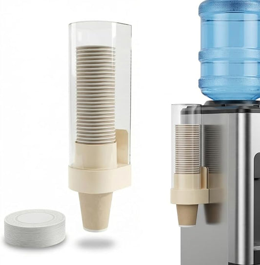 Cup Dispenser Wall Mounted, Large Capacity Bathroom Cup Holder for 4-6oz Cups, Dustproof Water Cooler Organizers with 50 Absorbent Coasters, Beige