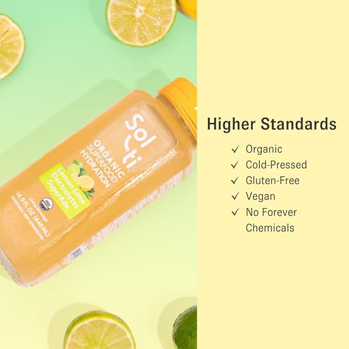 Organic Lemon Lime Electrolytes SuperAde Drink, Effective Hydration, SuperFood Lemonade by Sol-ti, Cold-Pressed Juice Blend, 16 Pack (14.9 Fl oz)