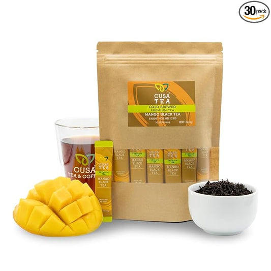 Cusa Tea & Coffee | Premium Instant Mango Black Tea With Real Fruit & Spices | Organic Leaves Drink Mix Packets | Hot or Iced Tea (30 Single Servings)