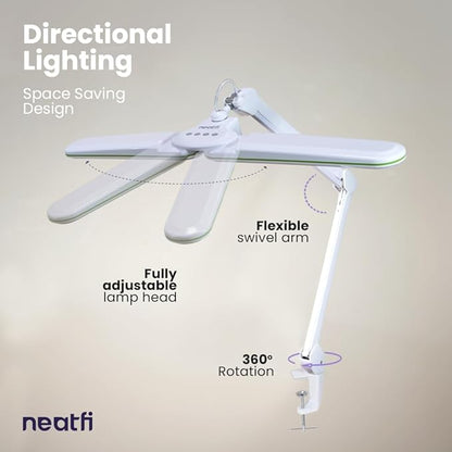 Neatfi Elite HD XL LED Desk Lamp, 3 Light Modes, 90PCS SMD LED, Non-Polar Dimming, Bright Eye-Caring Lighting for Home Office, Drafting, Beauty Shop, Workbench (CCT with Clamp, Green Ring, 17 Inches)