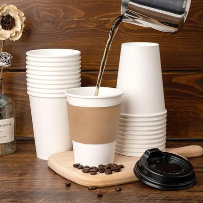 RACETOP 12 oz 100 Pack Disposable Paper Coffee Cups with Lids and Sleeves, Hot Cups, Paper Cups with Lids, Ideal for Home/Office