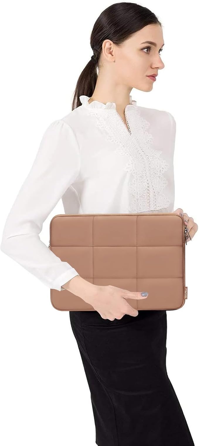 MOSISO 13-14 inch Laptop Case, 13.3 inch Puffy Laptop Sleeve Compatible with MacBook Air 13 13.3 13.6/Pro 13/14, HP, Dell, ASUS, Lenovo, Rectangle Quilted Puffer Computer Bag for Women, Brown