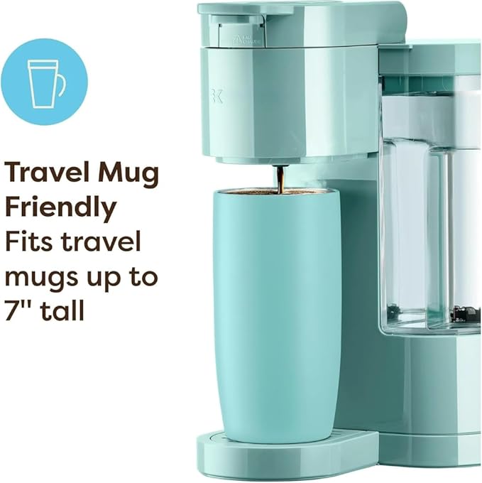 Express Essentials Single Serve Coffee Maker, 3 Cup Sizes, 36oz Removable Reservoir, cup Pod Compatible, Fast Brew, Travel Mug Friendly, Auto-Off, Compact 6.5” Design, Seafoam