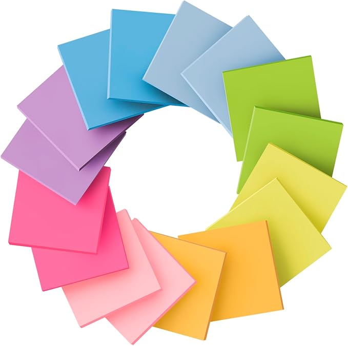 (16 Pack) Sticky Notes 3x3, Self-Stick Pads Bright Colors Sticky Note, Recyclable, Easy to Stick for Home, Office, Notebook