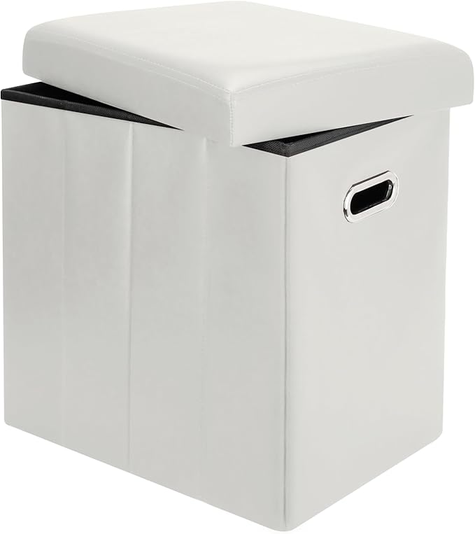 Tall Ottoman with Storage, Faux Leather Collapsible Slim Folding Ottoman Furniture with Handles Lid for Room Footrest Foot Stool, White 16.5x16.5x11.8in