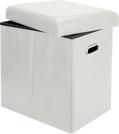 Tall Ottoman with Storage, Faux Leather Collapsible Slim Folding Ottoman Furniture with Handles Lid for Room Footrest Foot Stool, White 16.5x16.5x11.8in