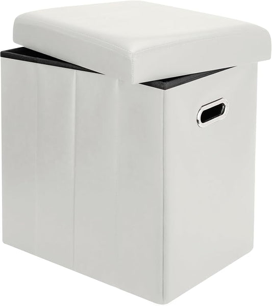 Tall Ottoman with Storage, Faux Leather Collapsible Slim Folding Ottoman Furniture with Handles Lid for Room Footrest Foot Stool, White 16.5x16.5x11.8in