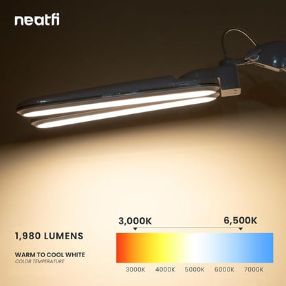 Neatfi Elite HD XL LED Desk Lamp, 3 Light Modes, 90PCS SMD LED, Non-Polar Dimming, Bright Eye-Caring Lighting for Home Office, Drafting, Beauty Shop, Workbench (CCT with Clamp, Green Ring, 17 Inches)