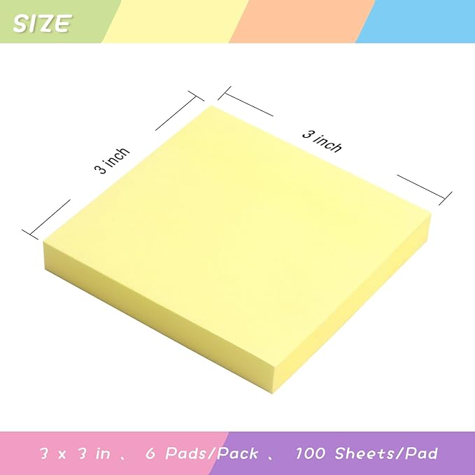 Sticky Notes 3x3 Self-Stick Notes Pads with 6 Bright Colors, Easy to Post for Office, School, Home, 6 Pads/Pack, 100 Sheets/Pad (Yellow)