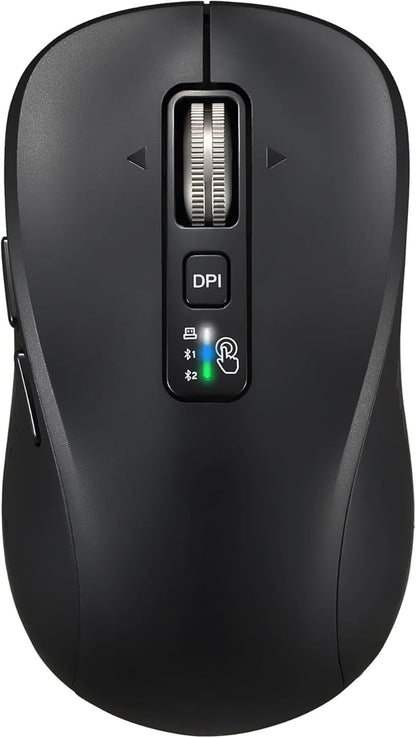 Wireless Mouse with 2 Bluetooth and 1 USB, 4-Way Scrolling, Full Size Mouse, Silent, Long Battery Life, Adjustable Cursor Speed, for Computer, Laptop, Tablets, iPad, Desktop, MacBook (Side Buttons)