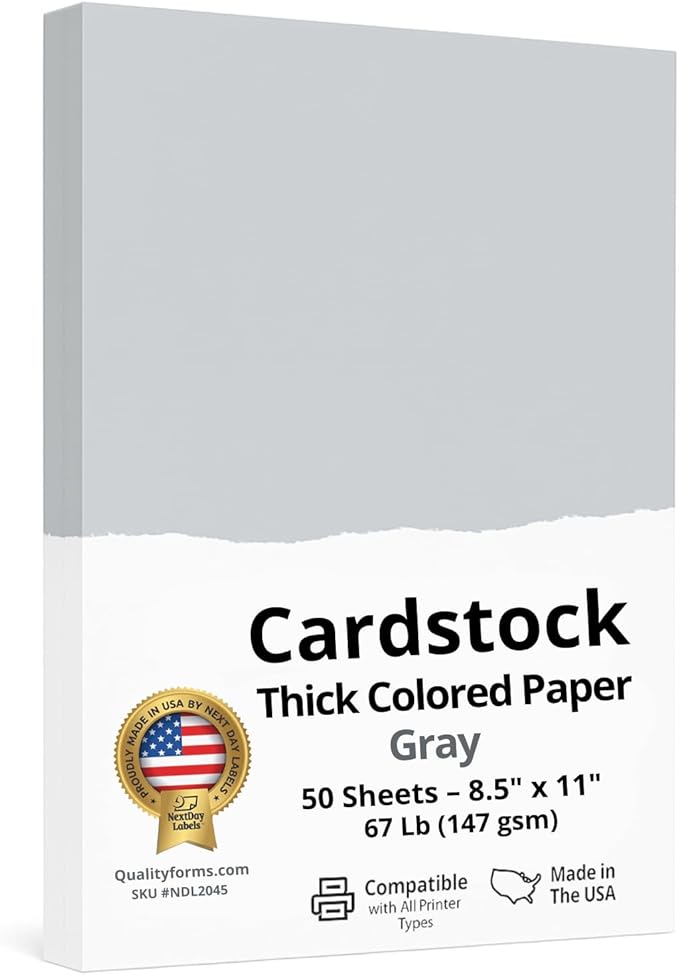 NextDayLabels Color Cardstock Paper - 50 Sheets - 8-1/2" x 11" - Gray 67 lb (147 gsm) - Thick Colored Paper for Crafting, Invitations, Posters, Flyers, and DIY Projects - Made in USA
