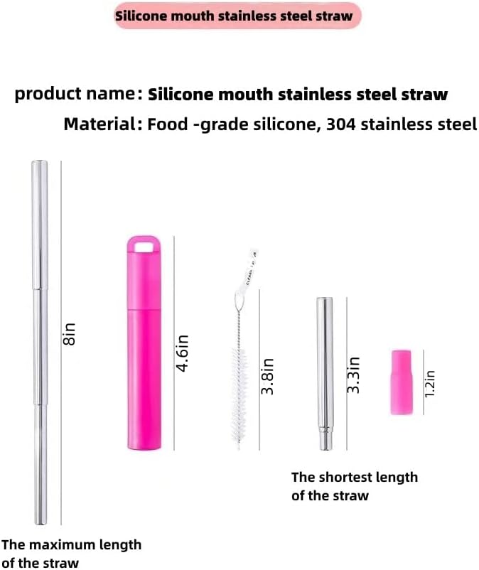 NAIVELY-Reusable Straws 6 Pack Collapsible Portable Stainless Steel Straws with Case,Silicone Tips and Cleaning Brush,Retractable Portable Travel Straw