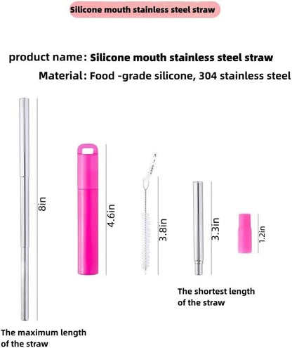 NAIVELY-Metal Reusable Straws, 2 Pack Collapsible Portable Stainless Steel Straws, with Plastic Housing Silicone Tips and Cleaning Brush, Retractable Portable Pocket Drinking Straws