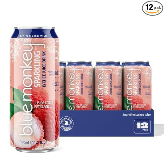 Blue Monkey Sparkling Lychee Juice - Real Fruit Juice, No Sugar Added, All Natural, Lightly Carbonated - Refreshing Tropical Sparkling Water Alternative - 11.2oz (330ml) 12 Pack (11.2oz, Lychee Juice)