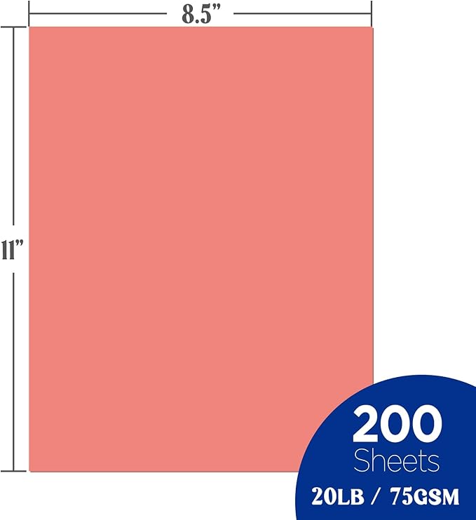 Veritas Colored Copy Paper, Multi-Purpose paper, Colored Printer Paper 8.5” x 11”, 20 lb / 75 GSM,Salmon,200 Sheets (1 Reams)，Made in USA