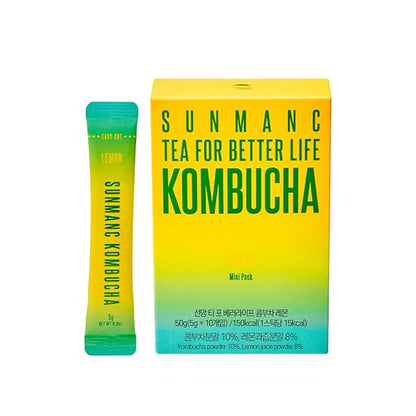 SUNMANC Kombucha 10 packets, Sparkling Probiotic Fermented Drink, Convenient Powdered Drink Mix, Tea Powder, Low Calories, Sugar 0g, Low Caffeine (Lemon)