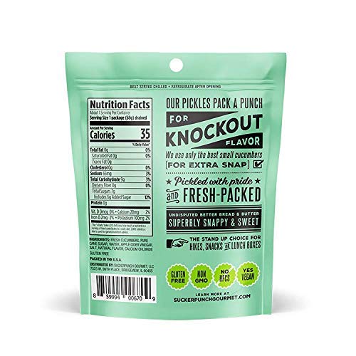 SuckerPunch Snappy Sweet Bread N’ Butter Dill Pickles Chip-Cut, Gluten Free, Kosher, Sugar Free, Low Calorie, Low Carb, on the Go, Non GMO, Keto Friendly, Vegan, 3.4 Oz Single Serve Pouch (12 Pack)