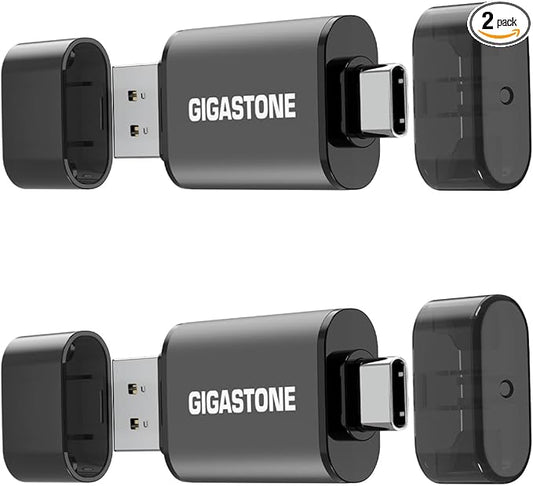 GIGASTONE 64GB Dual Flash Drive (2 Pack) Z40 USB 3.2 Gen 1, 2-in-1 Type-A & Type-C, 100MB/s Ultra Fast, Head Cap Design, Plug & Play for Smartphone/PC/Mac/TV/Car Audio, USB 2.0/3.0/3.1 Compatible
