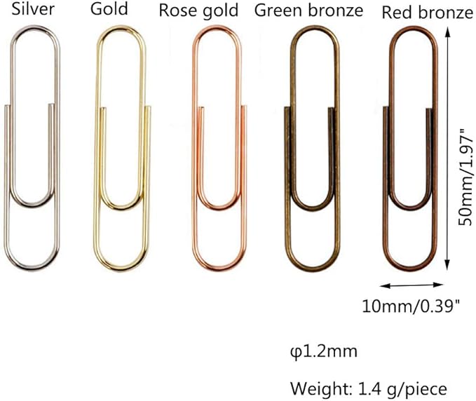 Rurili 50 Pieces 50 mm Metal Paper Clips for Office School and Personal Use (Bronze)