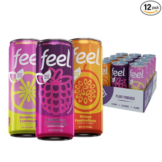 FEEL Zero Sugar Natural Energy Drink Variety Pack – Blackberry Pomegranate, Mango Passionfruit & Raspberry Lemonade, 140mg Plant-Based Caffeine with L-Theanine for Focus, Vitamin C for Immunity, Vegan, Non-GMO, No Artificial Sweeteners, 12 Fl Oz Cans (...