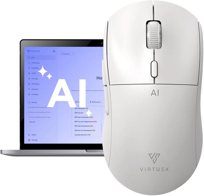 Virtusx AI Mouse, Jethro V1 – AI Voice & Audio Recorder, Note Taking Mouse for Computer & Laptop with Centralized AI Software, AI Writing Tools, Voice Typing, Transcribe, Translate & Summarize