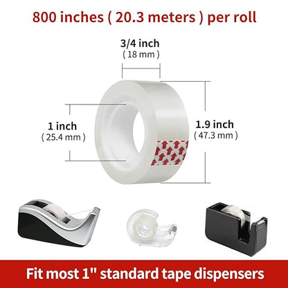 24 Rolls Transparent Tape Refills, Clear Tape, 3/4 x 800 Inches, Glossy Gift Wrapping Tapes for Dispenser, Office, School, Home