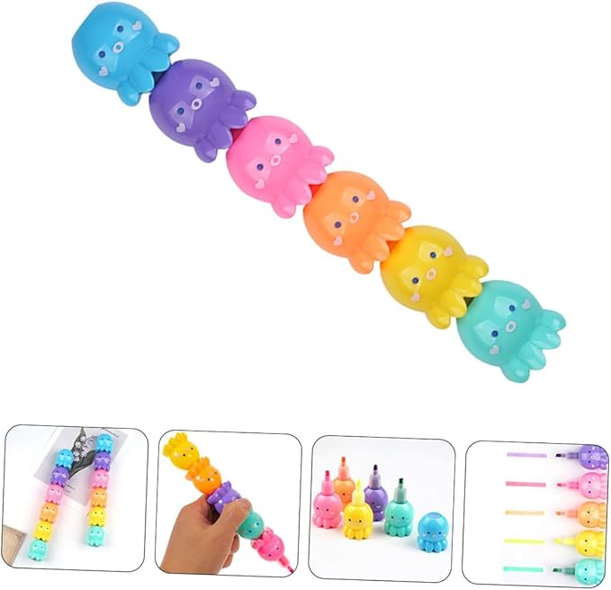 NUOBESTY 2 Sets Octopus-shaped Pastel Highlighter Pens with Single Tip Fluorescent Ink for Note Taking and School Supplies Cute Stackable Markers for Students Classroom Use