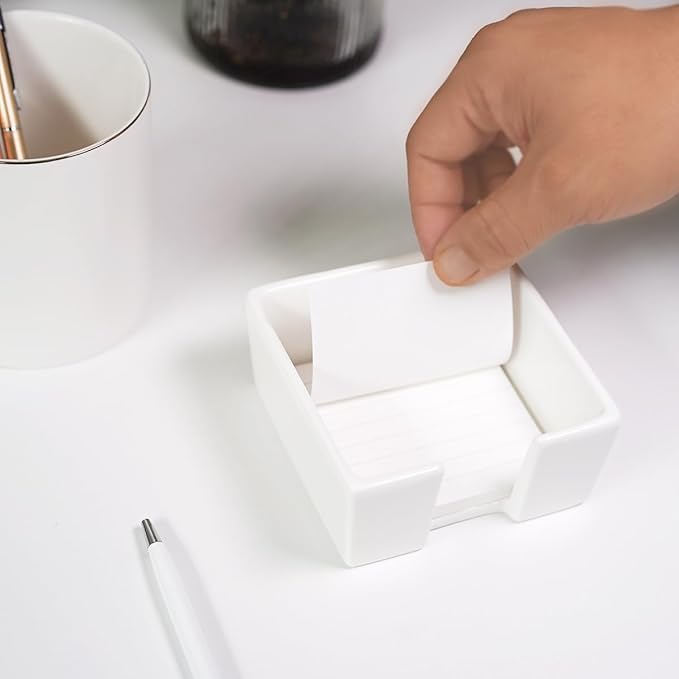 Ceramic Sticky Note Holder, 3 x 3" Sticky Note Dispenser, Notepad Holder for Desk, Office Essentials Organizer (White)