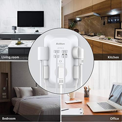 2 Pack Addtam USB Wall Charger Surge Protector, 5 Outlet Extender with 4 USB Charging Ports (1 USB C Outlet) 3 Sided 1800J Power Strip Multi Plug Outlets, Wall Adapter Spaced for Home Office, White