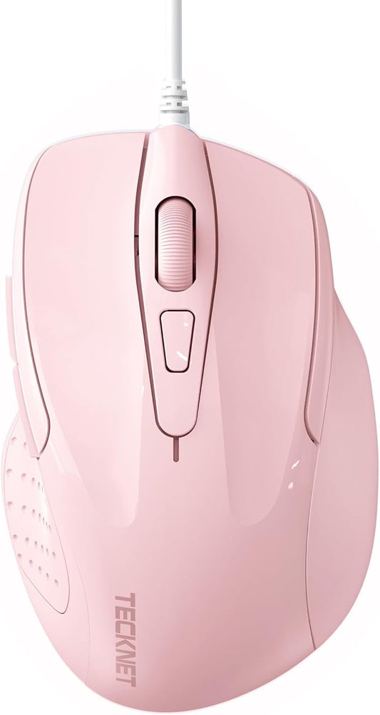 TECKNET Wired Mouse, 6-Button Corded with 4 Adjustable DPI, Optical Ergonomic Design, 5FT Cord for Laptop, Chromebook, PC, Desktop, Mac, Notebook - Pink