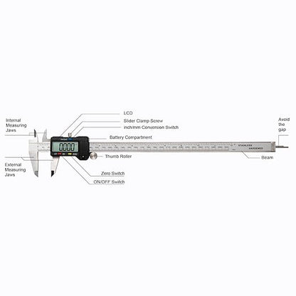 Digital Caliper 0-12" Measuring Tool with Metal Ruler, Micrometer Caliper with Auto-Off Feature, Interchangeable Between inches and millimeters for DIY/Household and 3D Printing, Black